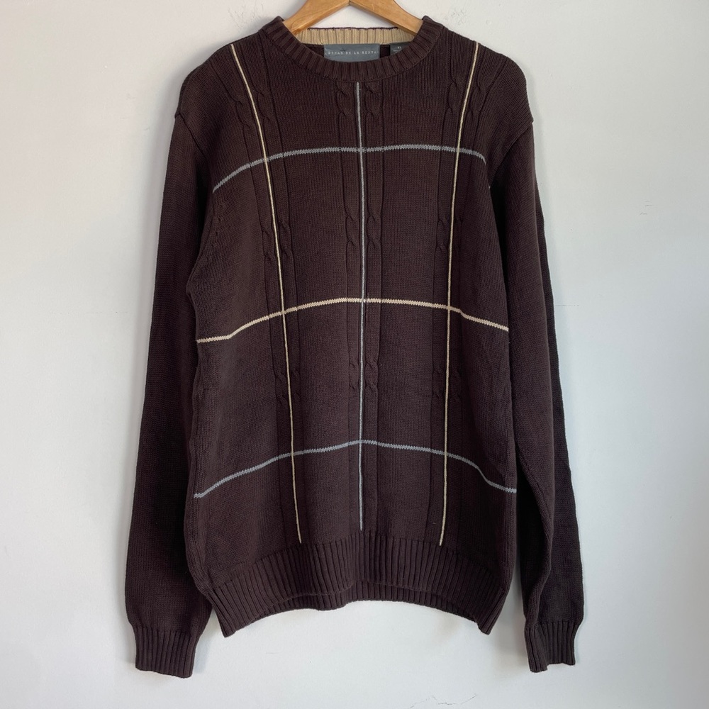 Oscar de la Renta Mens Cable Knit Crewneck Sweater XL‎ Preppy Chocolate Brown